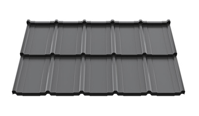 Lightweight galvanised steel roofing sheet isolated on white background. Modular tile effect roof panel. Traditional metal shingle tiles. Popular profiled metallic pantile mimic clay or concrete slate