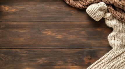 A cozy flat lay featuring a knitted sweater and a white beanie arranged on a rustic wooden surface, surrounded by vibrant autumn leaves, ideal for winter fashion concepts.