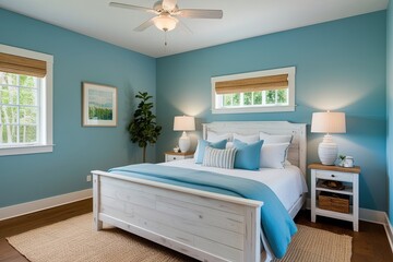 Serene Bedroom Retreat with Soft Blue Walls and White Wooden Accents