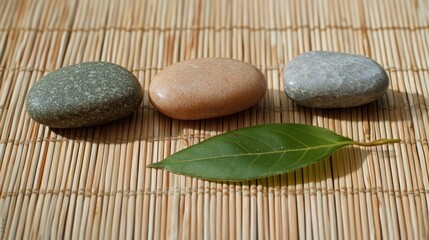 A set of polished zen rocks on a bamboo mat, with a single leaf placed beside them.