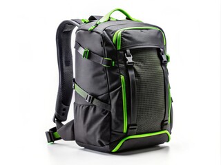 Naklejka premium backpack and laptop combo outdoor trekking gear sleek and modern urban jungle technical black and neon green rugged and durable wilderness adventure active lifestyle