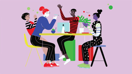 Minimalist vector illustration of a team creating an a digital application, computer, thinking, ideas, 3 people