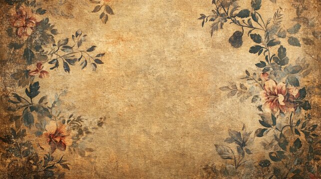 Fototapeta Aged floral wallpaper with faded flowers and leaves