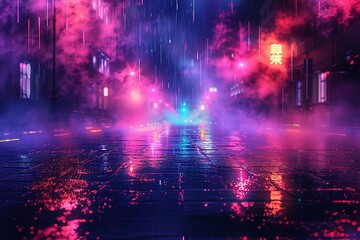 Empty background scene. Dark street reflection on the wet pavement. Rays neon light in the dark, neon figures, smoke. Night view of the street, the city. Abstract dark background. Abstract spotlight
