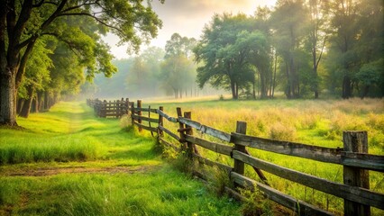 Weathered wooden fence surrounded by trees and grass in a hazy backdrop