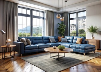 A modern living space is defined by a plush blue leather sectional sofa, a low-profile coffee table, and