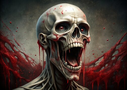 Blood dripping through mouth of screaming skeleton for fiendish grimace