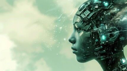 A child's profile with circuits and digital elements seamlessly integrated, symbolizing the future and the convergence of humanity and technology. The ethereal light and serene atmosphere evoke a