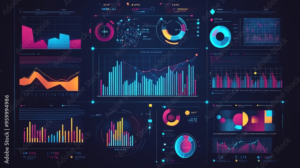 Poster futuristic interface with diverse data visualizations and graphs