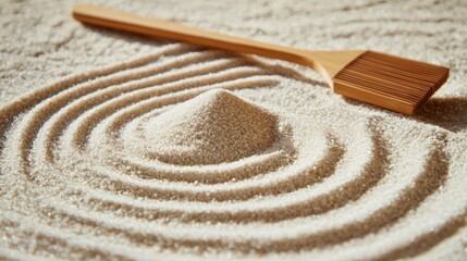 Naklejka premium Zen sand arranged in swirling patterns, with a small wooden rake beside it.