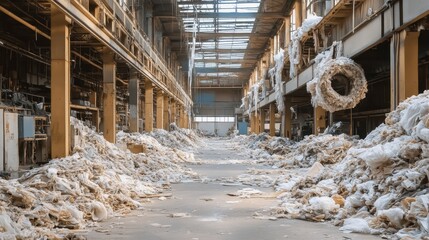 Fototapeta premium The expansive factory floor is overwhelmed with clutter, featuring heaps of remnants left from previous operations in an abandoned space