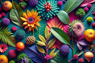 bold abstract compositions of vibrant botanicals with geometric shapes and tactile texture