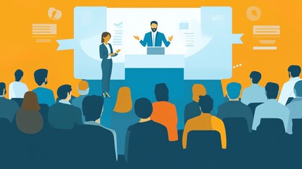 A group of people watching a virtual presentation on a screen.