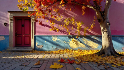 Autumn street featuring a twisted tree with vivid red and yellow leaves. Pastel-colored building wall, blending soft watercolor-like gradients of pink, blue, and yellow.