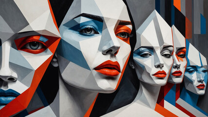 Abstract cubist-inspired scene featuring a series of stylized human figures