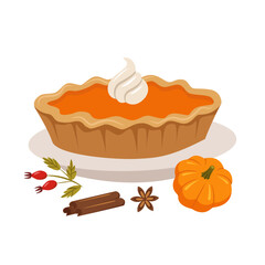 Pumpkin pie with whipped cream and spices isolated. Vector illustration in a flat style on a white background.