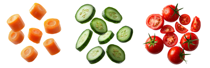 Carrot slices in air png. Falling cucumber pieces PNG. Tomato slices falling from the top for organic vegetable campaign full of vitamins