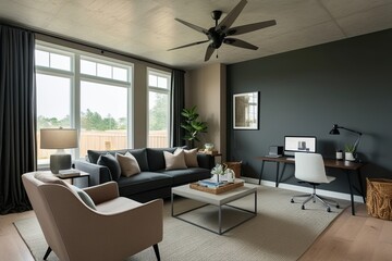 Fototapeta premium Serene Living Room with Deep Gray and Light Taupe Accents, Subtle Microcement Textures, and Thoughtfully Designed Office Space