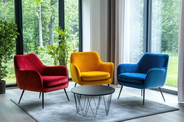 Obraz premium Three Colorful Armchairs in a Modern Living Room