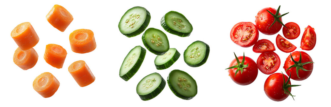 Carrot slices in air png. Falling cucumber pieces PNG. Tomato slices falling from the top for organic vegetable campaign full of vitamins