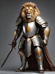 Obraz premium male lion, clad in plate armour with a long sword and shield
