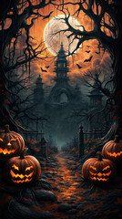 Halloween party poster background with scary pumpkins and bats