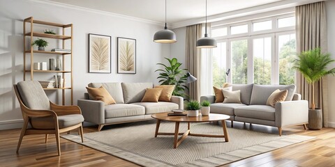 A neutral-hued modern living room boasts a plush sofa and matching armchair in soft beige, positioned amidst crisp