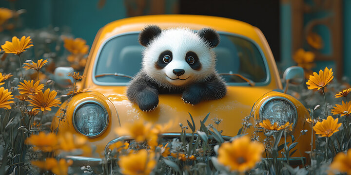 Adorable Panda Leaning Out of a Vintage Yellow Car Surrounded by Vibrant Flowers in a Whimsical and Cheerful Outdoor Setting