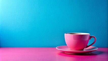 A vibrant pink-and-blue cup on a matching table against a blue-and-pink wall