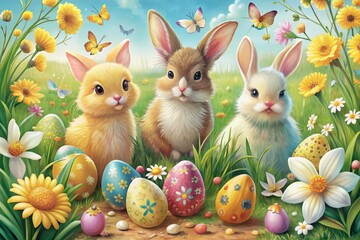 Bright and Cheerful Easter Card Design with Spring Animals and Hand-Drawn Illustrations Mood: Playful Style: Whimsical Color: Bright Colors Concept: Spring Wildlife