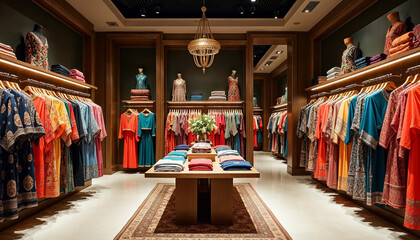 Obraz premium A luxurious boutique displaying vibrant ethnic garments with elegant racks and soft, ambient lighting, ideal for fashion ads.