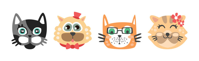 Funny Cat and Dog Muzzle and Smiling Snout Vector Set