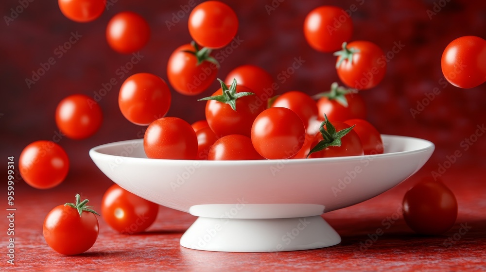 Wall mural fresh cherry tomatoes on white plate, others playfully cascading around on red background.