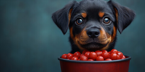 Adorable puppy with enthusiastic expression emerging from bowl of red cherries creating a fun and bright mood