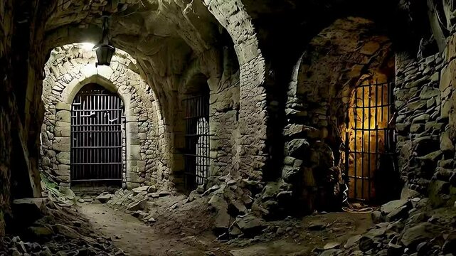 a dungeon with a barred door