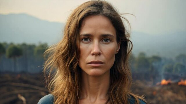 Sad face woman with forest fire background