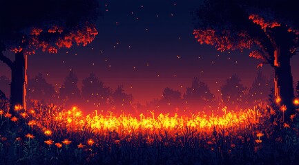 Burning pixel art meadow with glowing fireflies at night, surrounded by trees, with copy space for text.