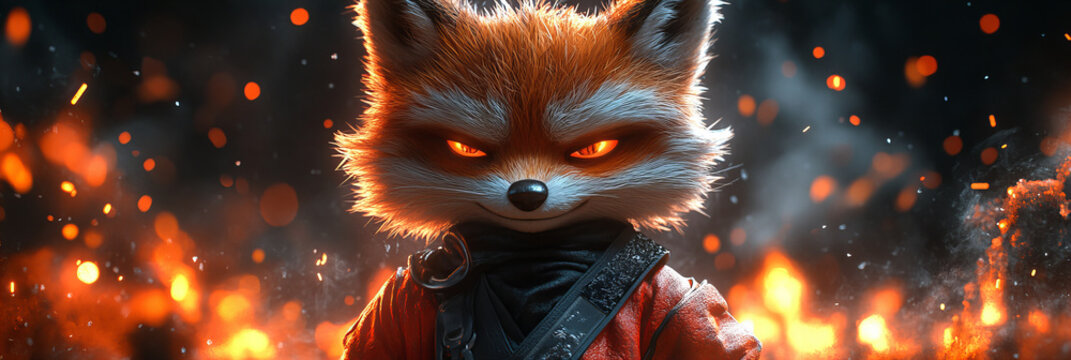 Fiery fox warrior standing heroically amidst flames, intense colors, dark background, bold and powerful mood.