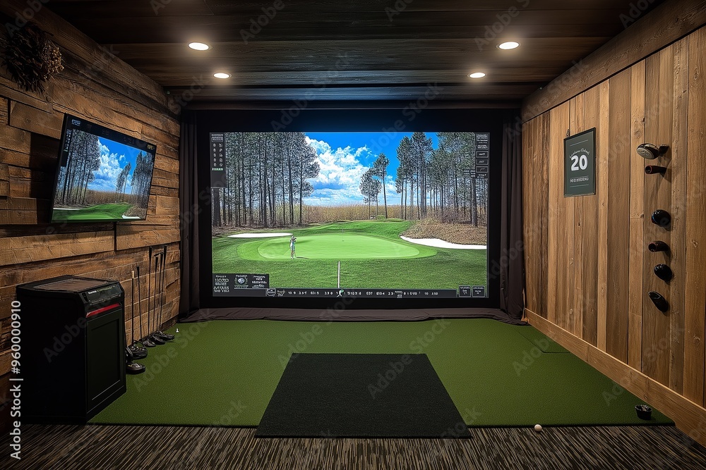 Wall mural modern indoor golf simulator club interior design professional photography