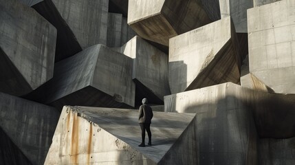 A lone person stands amidst massive, abstract concrete blocks in a stark and imposing environment. The scene suggests themes of solitude, introspection, and human versus architecture.