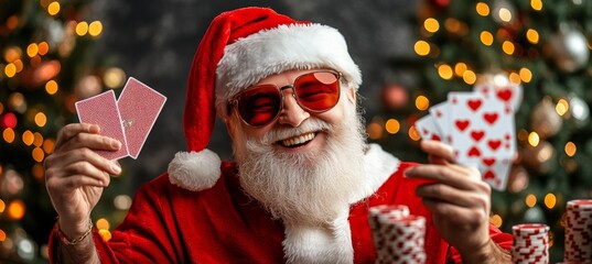 Santa Claus Wearing Sunglasses Playing Cards and Smiling on Christmas Tree Lights Background