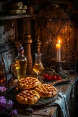 Naklejka premium Rustic Still Life, Freshly Baked Waffles with Wine, Tomatoes on Wooden Table in Candlelight