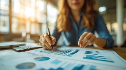 Businesswoman calculates financial report, cost control and budgeting with business data growth graph.