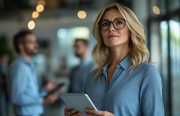 Fototapeta premium Blonde businesswoman in glasses holding a tablet, thinking during office meeting discussion
