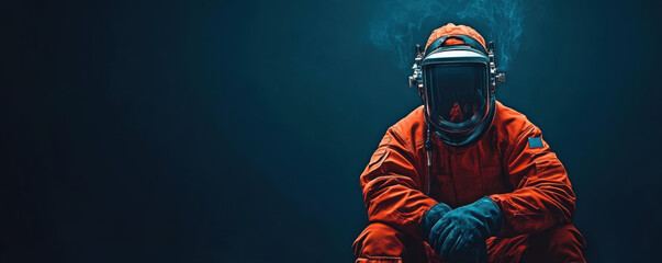 A person wearing an orange spacesuit and helmet sits in a dark, smoky environment, symbolizing isolation and space exploration.