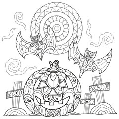 Jack 'o lantern and bat hand drawn for adult coloring book