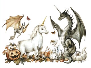 A whimsical illustration featuring a unicorn, dragon, fairy, and bat surrounded by pumpkins and autumn leaves.