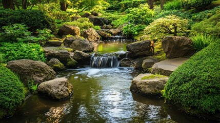 A peaceful river flowing through a zen-inspired garden, surrounded by rocks and greenery.