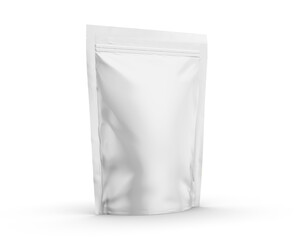 Mockup Blank Foil Or plastic Food Stand Up Pouch Snack Sachet Full Bag food Packaging . Front View.  Isolated On White Background. Mock Up.