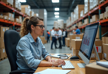 A logistics manager at a desk in a busy warehouse, focused on inventory data with stacks of boxes and shelves in the background.







